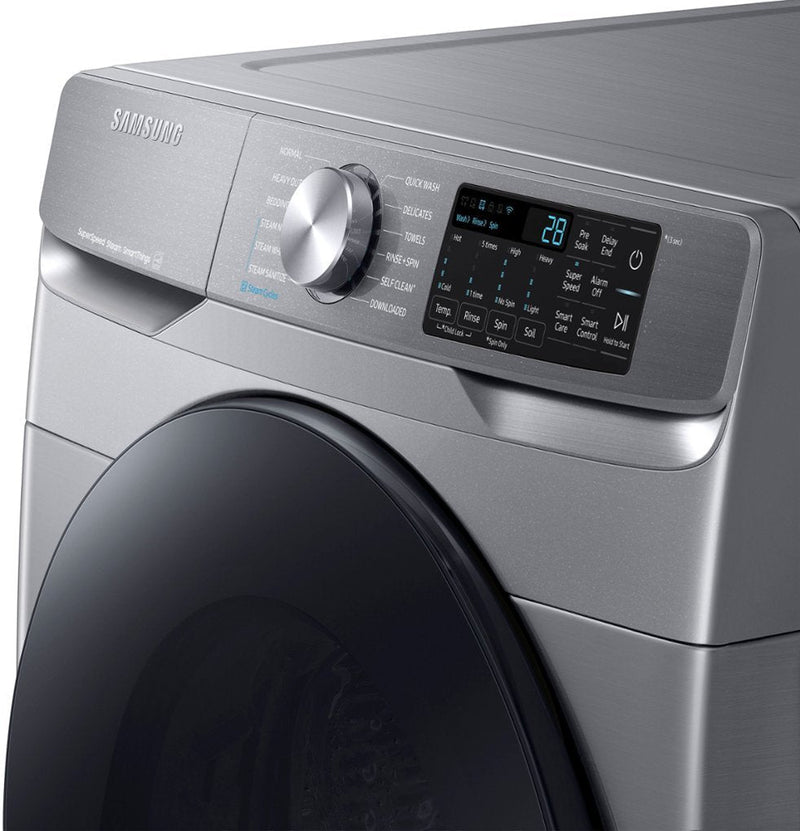 Clearance Samsung 4.5 cu. ft. Stackable Front Load Washer in Silver with Spin Speed Option, Water Heater, and Wi-Fi Connectivity